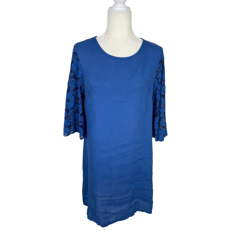 Bellambra Linen Lace Shift Dress Blue Size Small Coastal Resort Casual Chic